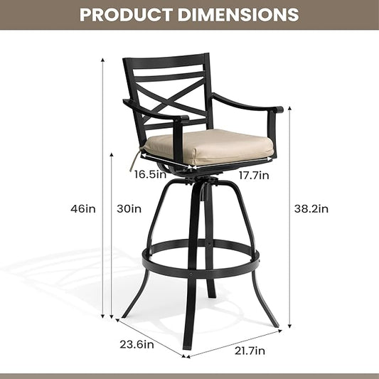 Pellebant 30" Sunbrella Outdoor Bar Stools Set of 2, Aluminum Swivel Patio Bar Height Bar Stools with Back & Footrest, Tall Patio Stool Chairs for Deck Lawn Garden,Beige