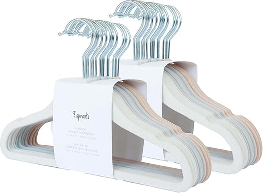 3 Sprouts Velvet Baby Hangers - Non-Slip Hanger for Infant, Toddler, Baby Clothes - Closet Kids Hangers with Slim Design, Nordic Colors, Pack of 30 - Assorted Cream, Grey, Hazelnut