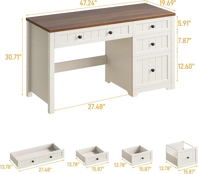 Vabches Farmhouse Executive Desk with Drawers, Home Office Desk with Storage Cabinet and File Drawer, Wood Computer Desk with Storage, Rustic Office Desk for Work Study Writing, Brown White