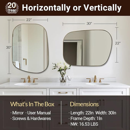 ANDY STAR Gold Bathroom Mirror, 22"x30" Brushed Brass Asymmetrical Wall Mirror in Stainless Steel Metal Frame, Unique Vanity Mirror with Modern Curved Design, Ideal for Bathroom, Bedroom, Entryway
