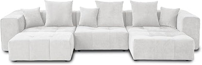 JACH 144.1 Inch U-Shaped Modular Sofa, Mid Century Modern Deep Seat Sectional Couch, 3-Seater Sofas with Chaise Ottomans for Living Room, Cozy Sofas for Apartment, Living Room (Linen Fabric, White)