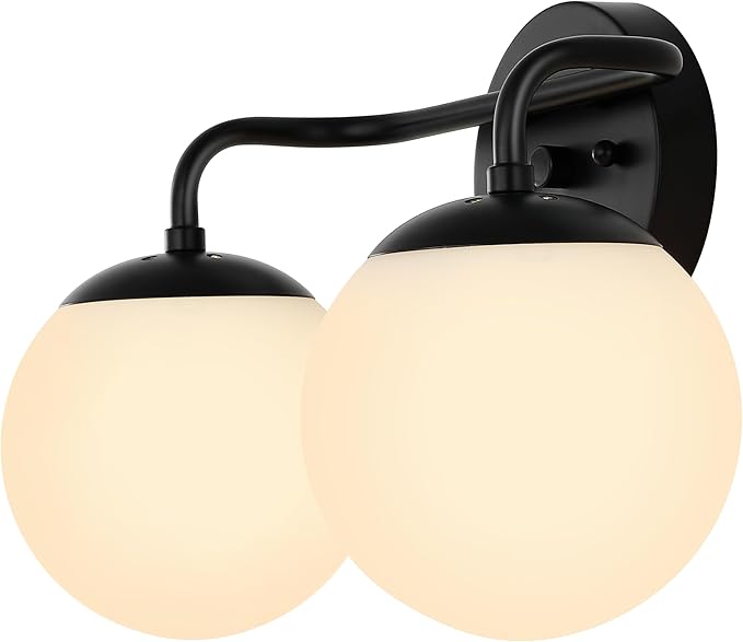 JONATHAN Y JYL3535B Louis Parisian Globe 15" 2-Light Metal/Frosted Glass Modern Contemporary LED Vanity Light Midcentury, Glam, Transitional, Office, Living Room, Dining Room, Bedroom, Black