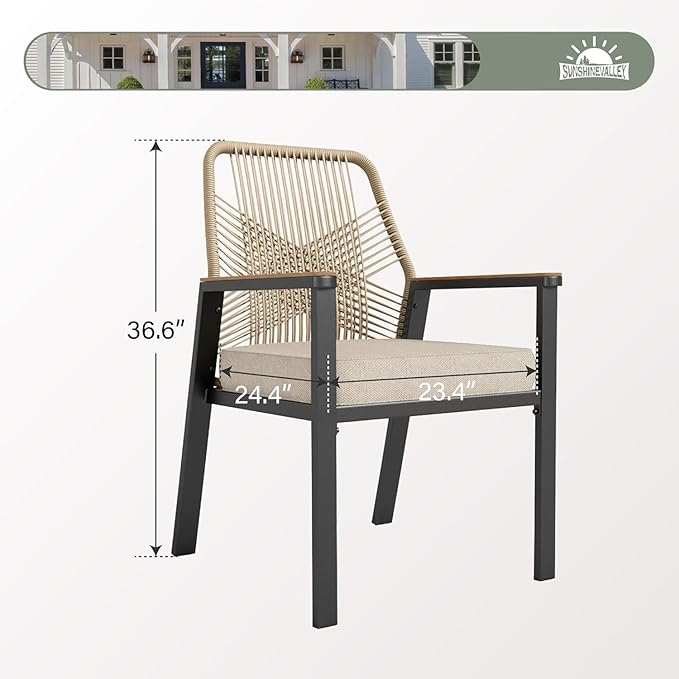 Patio Dining Chairs Set of 8, Heavy-Duty Woven Rope Outdoor Chairs with Waterproof Cushion and Wrought Iron Frame, All-Weather Outside Seating for Kitchen Garden Deck Backyard