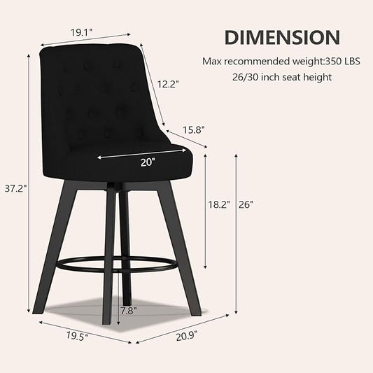 MINCETA Set of 4 Upholstered Bar Stools - 26 Inch Swivel Counter Height Stools with Low Tufted Back, Footrest & Performance Fabric - Round Seat for Kitchen Island & Home Bar Black