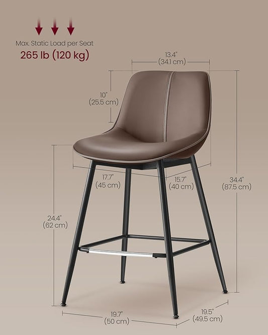 VASAGLE Bar Stools Set of 2, Counter Height Bar Stools with Back, Ergonomic Backrest, Synthetic Leather, Metal Legs, 24.4-Inch Tall Barstools for Kitchen Island Home Bar, Easy Assembly, Chestnut Brown