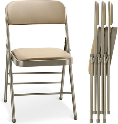 cyclone sound 4 Pack Folding Chairs with PU Padded Cushion and Back, Commercial Grade Metal Chairs with Comfortable PU Leather Cushion for Home and Office, for Indoor and Outdoor Events (4, Beige-PU)