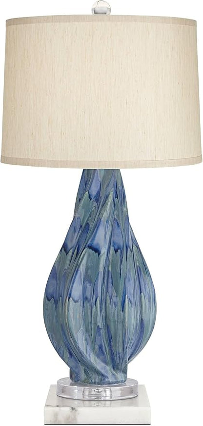 Possini Euro Design Teresa Modern Coastal Table Lamp 31" Tall with Square White Marble Riser Teal Ceramic Beige Drum Shade for Bedroom Living Room Nightstand Bedside Night Stand Office Kids Room