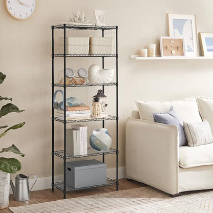 SONGMICS 6-Tier Storage Shelves, Wire Shelving Unit, Kitchen Metal Shelves, Storage Rack with Adjustable Shelves, Shelf Liners, 8 Hooks, for Garage, 11.4 x 23.2 x 63 Inches, Black ULGR066B01