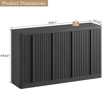 Fluted Buffet Cabinet with Storage, 60" Sideboard Buffet Cabinet with 4 Door, Modern Credenza Storage Cabinets with Adjustable Shelves, Solid Wood Handles for Kitchen, Dining, Living Room, Black(1PC)