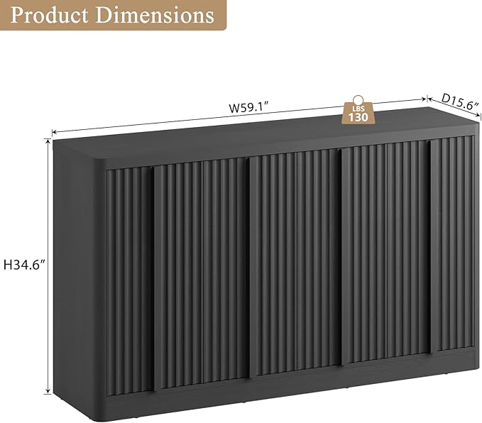 Buffet Cabinet with Storage, 60" Sideboard Buffet Cabinet with 4 Door, Modern Credenza Storage Cabinets with Adjustable Shelves, Solid Wood Handles for Kitchen, Dining, Living Room, Black