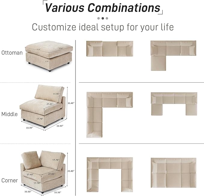 WJShome Cloud Couch Modular Sectional Sofa,67" L Shaped Couch, Convertible Wide Seater, 2 Seater+Ottoman for Living Room Set,Covers Washable&Replaceable,Khkai