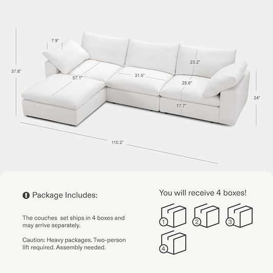 Modular Cloud Sofa, 110.2" Cloud Sectional Couches with Deep Seat, L-Shape 3-Seat Couch with Ottoman for Living Room, Modern Comfy Couch with Washable Cover, Wide Armrest (White,1 Ottoman)