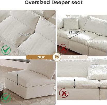 Cloud Couch Modular Sectional Sofa,160.6" Down Filled Sofa with Storage Ottoman,U Shaped Couch 6 Seater, White Convertible Sectional Sofa for Living Room,Covers Removable & Washable