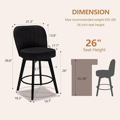 MINCETA Bar Stools Set of 2, 26 Inch Upholstered Barstools with Backrest and Footrest, Swivel Counter Height Barstools for Kitchen Island Home Bar Black