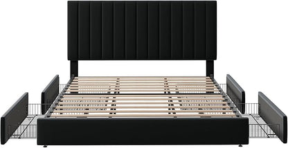 Allewie King Size Storage Bed Frame, Vertical Channel Tufted Adjustable Headboard, Velvet Upholstered Platform Bed with 4 Oversized Underbed Drawers, Wooden Slats Support, No Box Spring Needed, Black