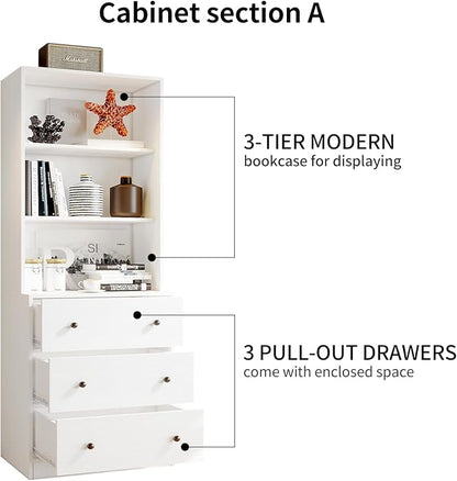 VOWNER Vertical File Cabinet, 3-Tier Modern Bookshelf with 3 Large Drawer, Wood Filing Cabinet with Open Storage Shelf, Glass Doors and Fixed Storage Shelves for Home Office, White