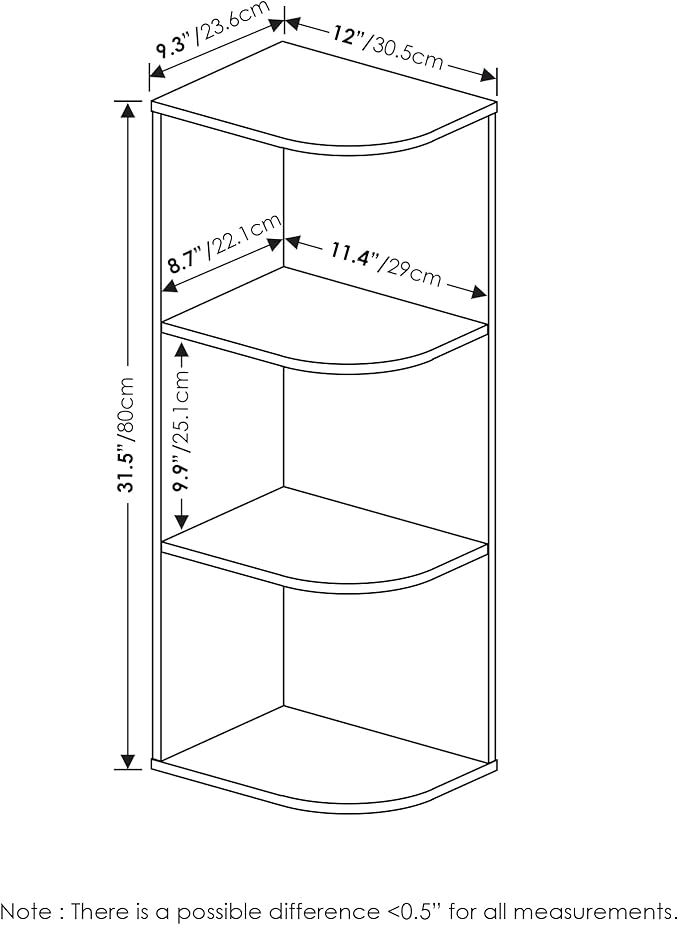 Furinno PASIR Book Shelf, 3-Tier Corner Bookshelf, Open Shelves Bookcase 9.3 x 12 x 31.5, for Living Room, Bedroom, Home Office, French Oak