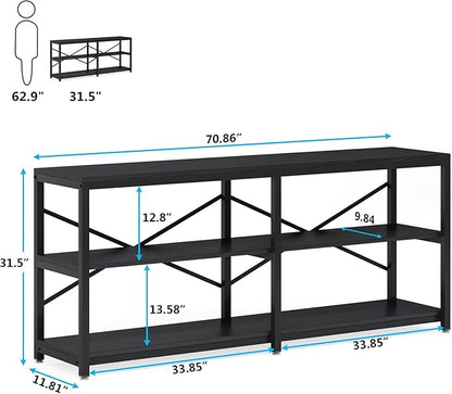 Tribesigns 70.9 Inch Extra Long Console Table, Modern Sofa Table Behind Couch Table with Storage Shelves, 3-Tier Industrial Hallway Entryway Table for Living Room, 3 Shelf Bookshelf(Black)