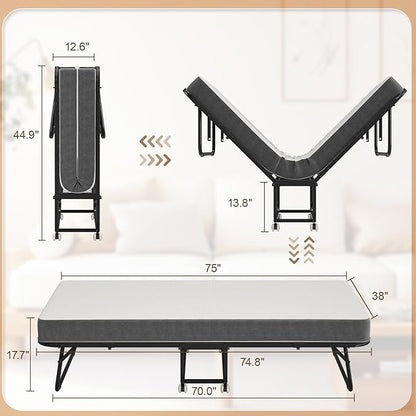 75" x 38" Folding Beds with Mattress for Adults, Portable Foldable Twin Bed with Memory Foam Mattress & Super Strong Frame, Convenient Roll Away Guest Bed for Storage