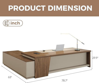 Modern L Shape Executive Desk with Drawers and Lockable Storage Cabinet, Large Executive Office Desk with Cable Management (Champagne Wood Grain+Beige/Right,79" L*63" W*30" H)