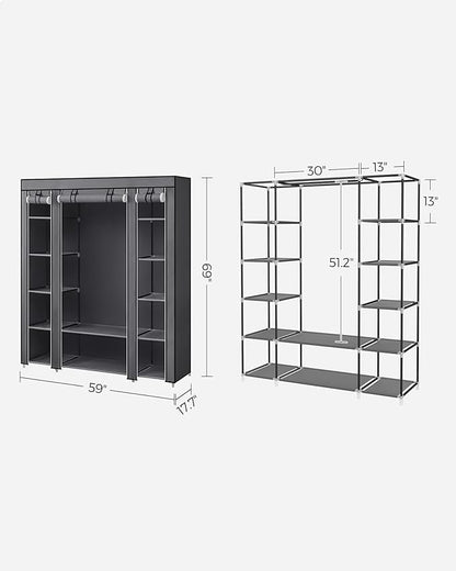 SONGMICS Closet Wardrobe, Portable Closet for Bedroom, Clothes Rail with Non-Woven Fabric Cover, Clothes Storage Organizer, 59 x 17.7 x 69 Inches, 12 Compartments, Gray ULSF03G