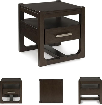 Signature Design by Ashley Breckington Modern End Table with 1 Drawer, Open Shelf and Trestle Base, Dark Brown