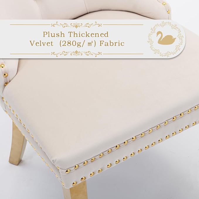 Velvet Upholstered Dining Chairs Set of 6, Modern Style Kitchen Side Chairs with Nailhead Trim and Gold Plated Leg, Metal Pulling Ring for Dining Room Living Room(Beige-Gold Plated Leg)