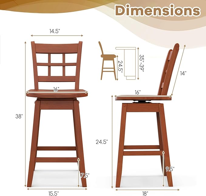 COSTWAY Swivel Bar Stools Set of 2, 24.5 Inch Counter Height Bar Chairs w/Hollow Backrest & Contoured Seat, Wooden Barstools w/Footrest for Kitchen Island, Pub, Bistro, Cafe (2, Walnut)