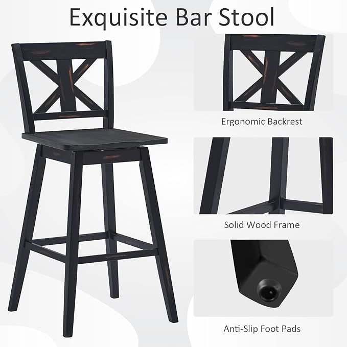 COSTWAY Bar Stools Set of 4, 360 Degree Swivel, 29-inch Height Chairs w/Non-Slip Foot Pads, Rubber Wood Bar Chairs, Vintage Bar Stools for Home, Restaurant (Black)