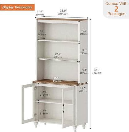 WAMPAT 5 Tier Farmhouse Bookshelf 72" Tall Bookcase with Doors, Large Display Book Shelf with Adjustable Shelves and Storage Cabinet Wood Bookshelves for Living Room & Study Room & Bedroom, White