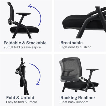 2 Pack Foldable Office Chairs with Wheels, Mesh Back, Arms and Portable - Folding Office Chairs for Conference Room Chair, Office Guest & Reception & Meeting Chair - (Black) 300 lbs.
