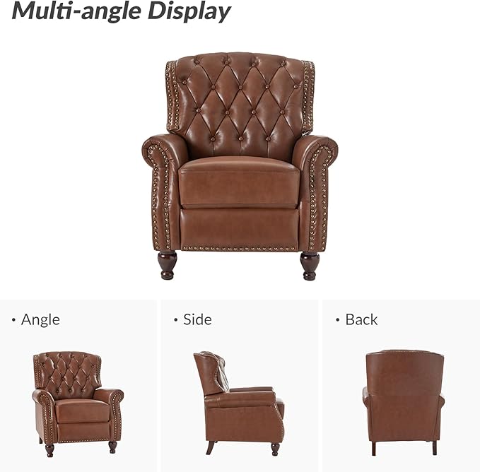 HULALA HOME Genuine Leather Recliner Chair with Solid Wood Feet, Modern Adjustable Tufted Push Back Arm Chair w/Rivet Decoration, Home Theater Seating Single Reclining Sofa for Living Room, Brown