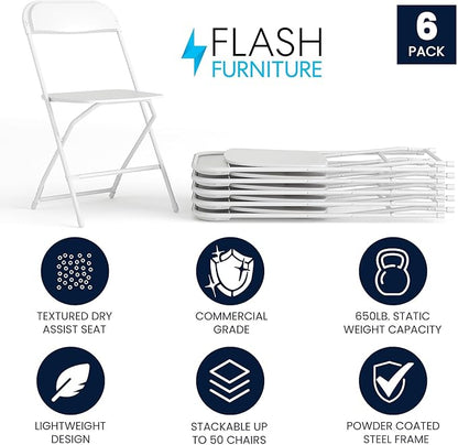 Flash Furniture Hercules Series Plastic Folding Chairs for Parties and Weddings, Stackable Commercial Event Seats with 650-lb. Static Weight Capacity, Set of 6, White