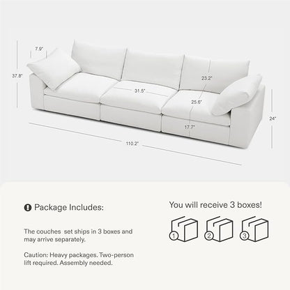 Modular Cloud Sofa, 110.2" Cloud Sectional Couches with Deep Seat, 3-Seat Couch for Living Room, Modern Comfy Couch with Washable Cover, Wide Armrest (White)