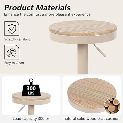 Kidol & Shellder Bar Stools Set of 4 Round Adjustable Swivel Barstools Modern Backless Bar Chairs Wooden Seat Counter Height Stools Armless for Kitchen Island, Cafe, Dining Room (Khaki)