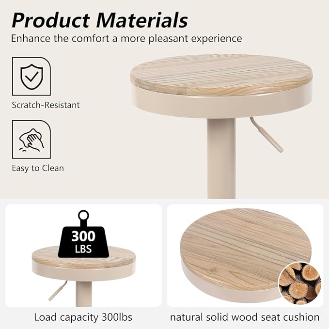 Kidol & Shellder Bar Stools Set of 2 Round Adjustable Swivel Barstools Modern Backless Bar Chairs Wooden Seat Counter Height Stools Armless for Kitchen Island, Cafe, Dining Room (Khaki)