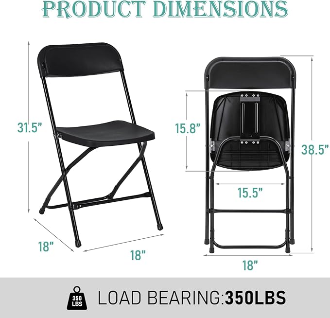 90 Pack Plastic Black Folding Chairs, Portable Stackable Commercial Party Folding Chairs with Steel Frame 350lbs for Home Office Outdoor Indoor Office Wedding Party Event