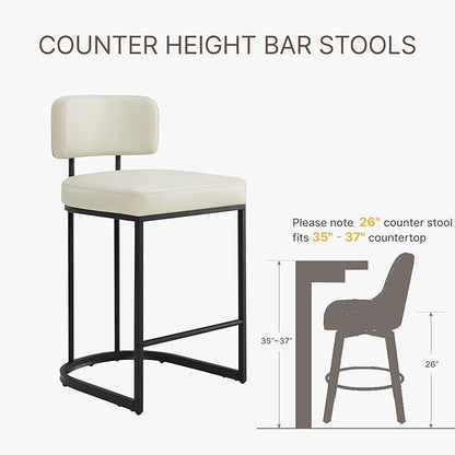 26" H Counter Height Bar Stools Set of 2, Modern Faux Leather Upholstered Barstools with Backrest for Kitchen Island, Black Metal Frames, Cream