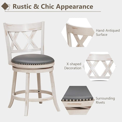 COSTWAY Bar Stool Set of 2 for Kitchen Island, 25.5” Swivel Armless Counter Height Stools with 20'' Wider Padded Seat, Ergonomic Curved Backrest, Rubber Wood Frame (2, Antique White + Gray)