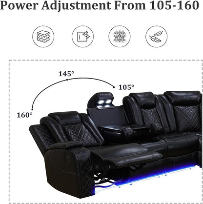 Power Reclining Sectional Sofa, Black Leather Couch with Recliners, Air Leather Sofa Couch with LED Lights/USB Port/Cup Holder for Living Room/Apartment/Office
