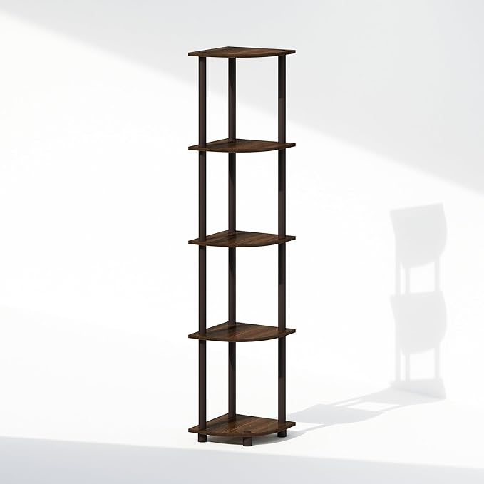 Furinno Turn-N-Tube Corner Shelf, 5-Tier Corner Display Rack, Shelving Unit, for Organization and Storage, Living Room, Home Office, Garage, Bedroom, Walnut
