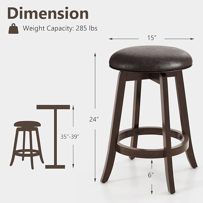 COSTWAY 24-Inch Swivel Bar Stools Set of 4, Upholstered Barstools w/PU Leather Seat & Solid Rubber Wood Legs, Mid-Century Backless Round Counter Height Stools w/Footrest for Kitchen Home Bar