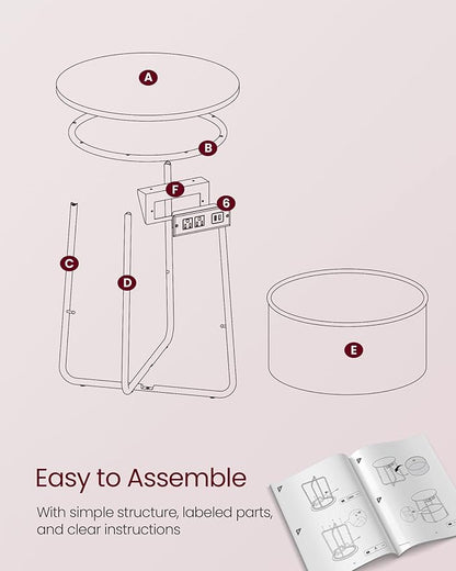 VASAGLE LILEA Collection - Side Table with Charging Station, Round End Table with Fabric Basket, Nightstand with USB Ports, for Living Room, Bedroom, Modern, Jelly Pink and Cream White ULET228R01