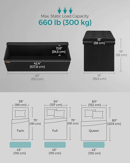 SONGMICS Mazie Collection - 43 Inches Storage Ottoman, Foldable Storage Bench with Flipping Lid, 660 lb Load Capacity, for Entryway, Living Room, Bedroom, Ink Black ULSF076B01