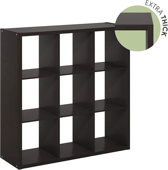 Furinno CUBICLE Book Shelf, 9-Cube Thick Frame Bookshelf, Reversible Bookcase with Open Back, 14.6 x 43.8 x 43.8, for Living Room, Bedroom, Home Office, Black Dark Oak