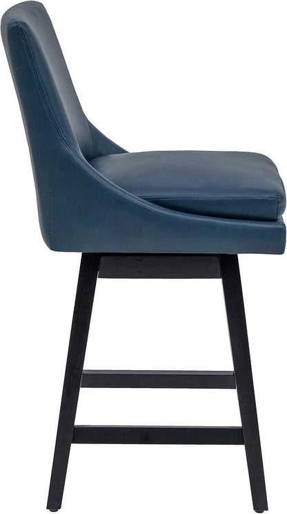 Bar Stools Set of 2, PU Leather Barstools, 26 Inch Upholstered Counter Stools with 14.2" High Back and Footrest, Swivel Counter Height Barstools for Kitchen Island Home Bar Navy Blue