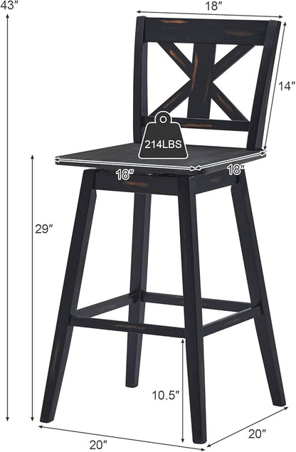 COSTWAY Bar Stools Set of 4, 360 Degree Swivel, 29-inch Height Chairs w/Non-Slip Foot Pads, Rubber Wood Bar Chairs, Vintage Bar Stools for Home, Restaurant (Black)