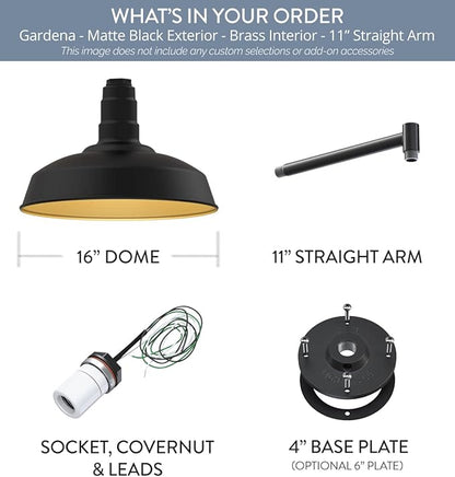 Steel Lighting Co. Gardena Barn Light | Outdoor Wall Mounted | 16" Dome | 11" Straight Arm | Farmhouse Light Made in America | Matte Black Exterior/Brass Interior