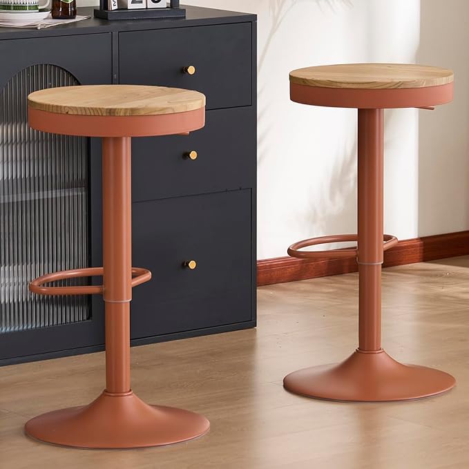 Kidol & Shellder Bar Stools Set of 4 Round Adjustable Swivel Barstools Modern Backless Bar Chairs Wooden Seat Counter Height Stools Armless for Kitchen Island, Cafe, Dining Room Terracotta