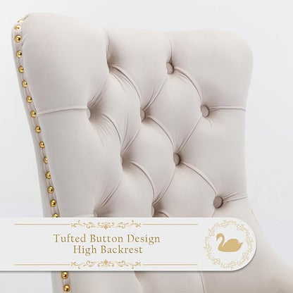 Velvet Upholstered Dining Chairs Set of 6, Modern Style Kitchen Side Chairs with Nailhead Trim and Gold Plated Leg, Metal Pulling Ring for Dining Room Living Room(Beige-Gold Plated Leg)